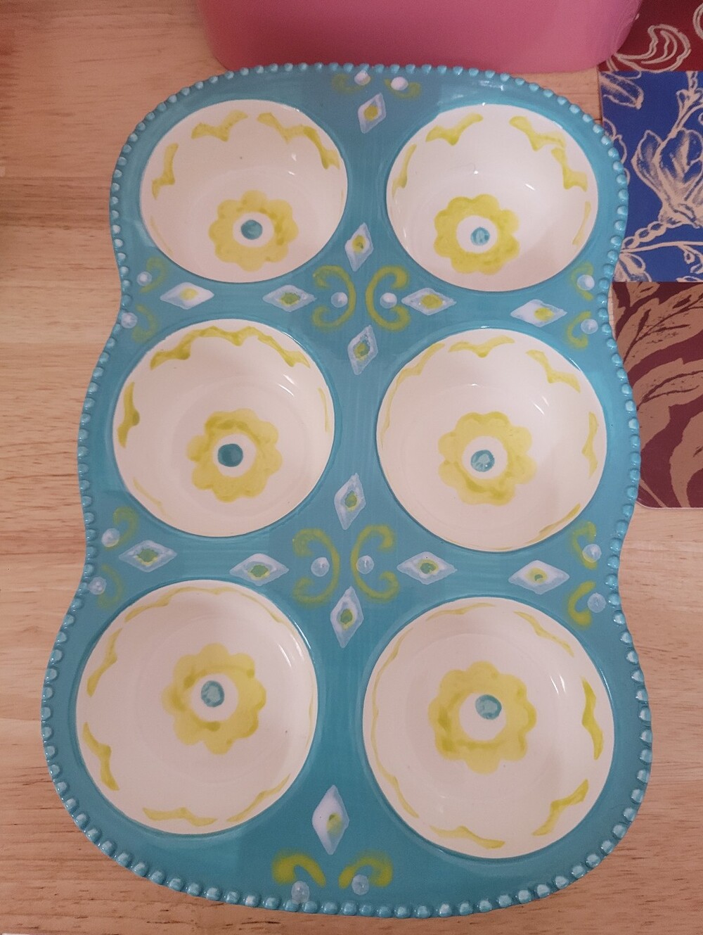Dutch Wax by Coastline Hand Painted Ceramic 6 Cup Muffin Pan Turquoise